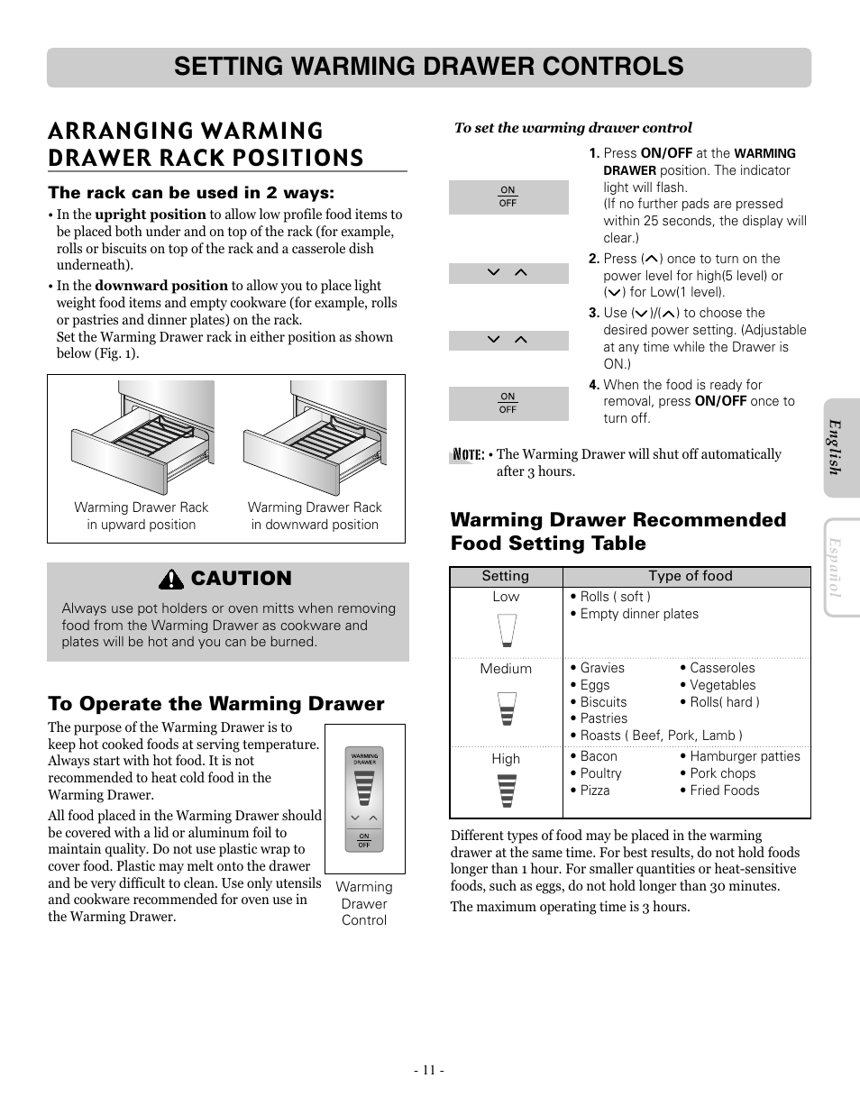 Setting warming drawer controls, Arranging warming drawer rack positions, Warming drawer recommended food setting table | Caution | LG LRE30755SB User Manual | Page 11 / 36