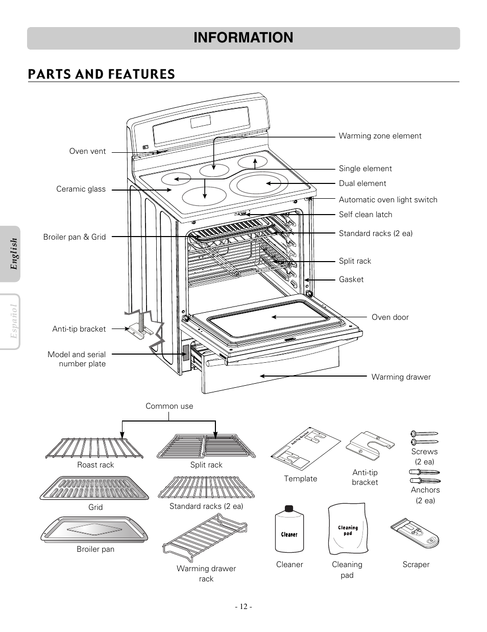 Information, Parts and features | LG LRE30755SB User Manual | Page 12 / 36