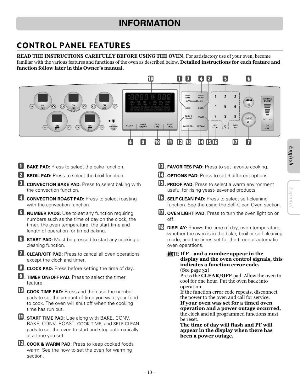 Information, Control panel features | LG LRE30755SB User Manual | Page 13 / 36