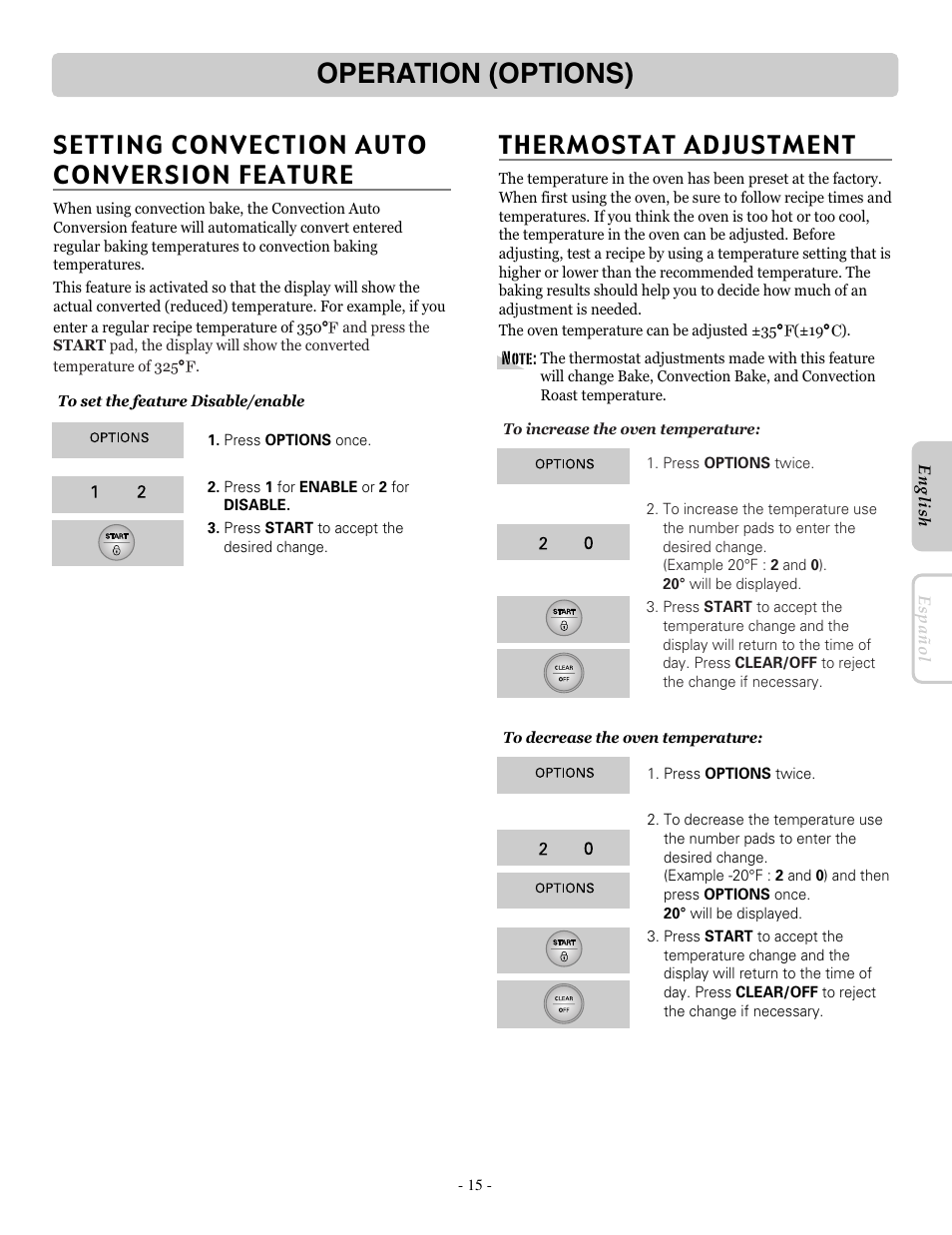 Operation (options), Setting convection auto conversion feature, Thermostat adjustment | LG LRE30755SB User Manual | Page 15 / 36