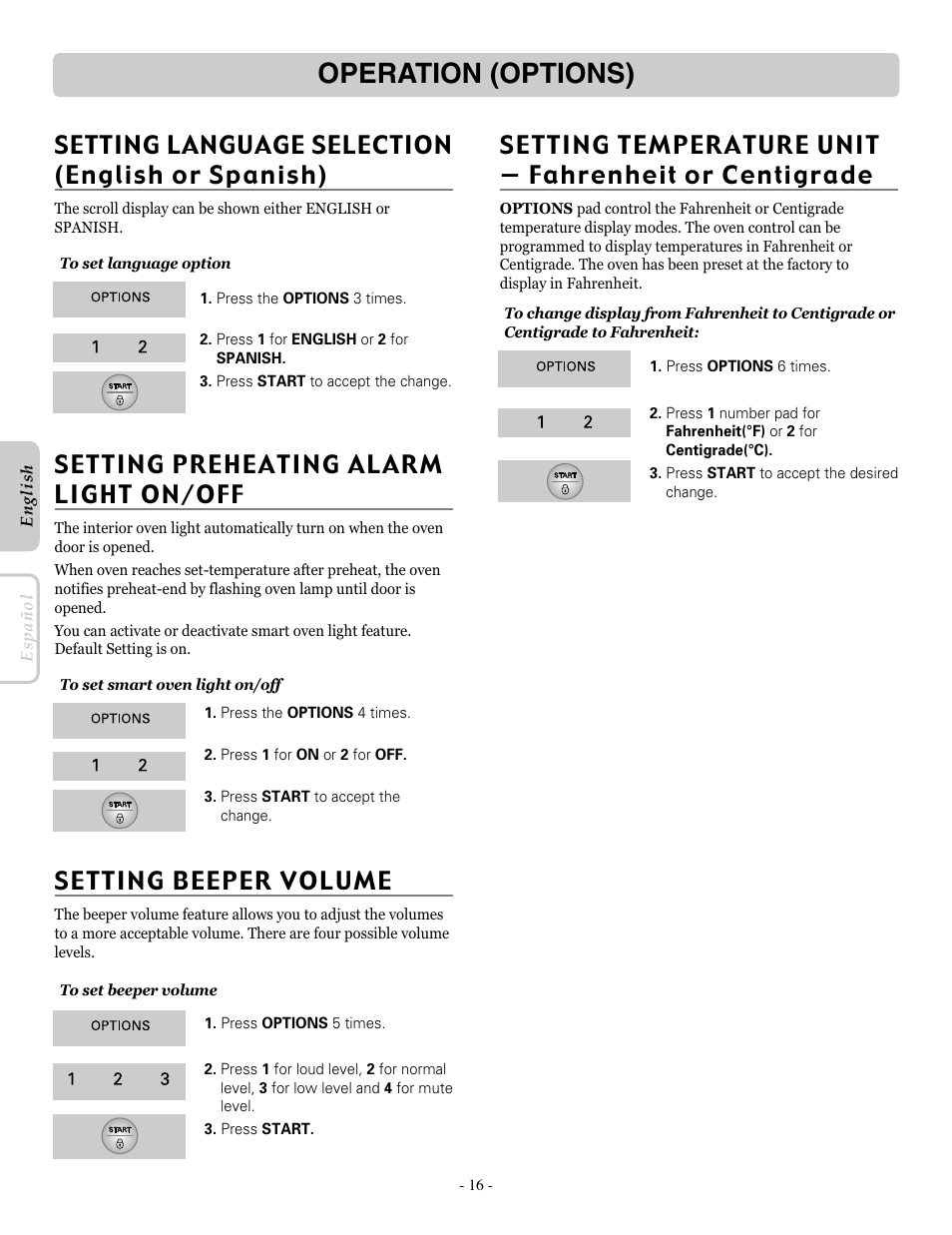 Operation (options), Setting beeper volume, Setting preheating alarm li gh t on /o ff | Setting language selection (english or spanish) | LG LRE30755SB User Manual | Page 16 / 36