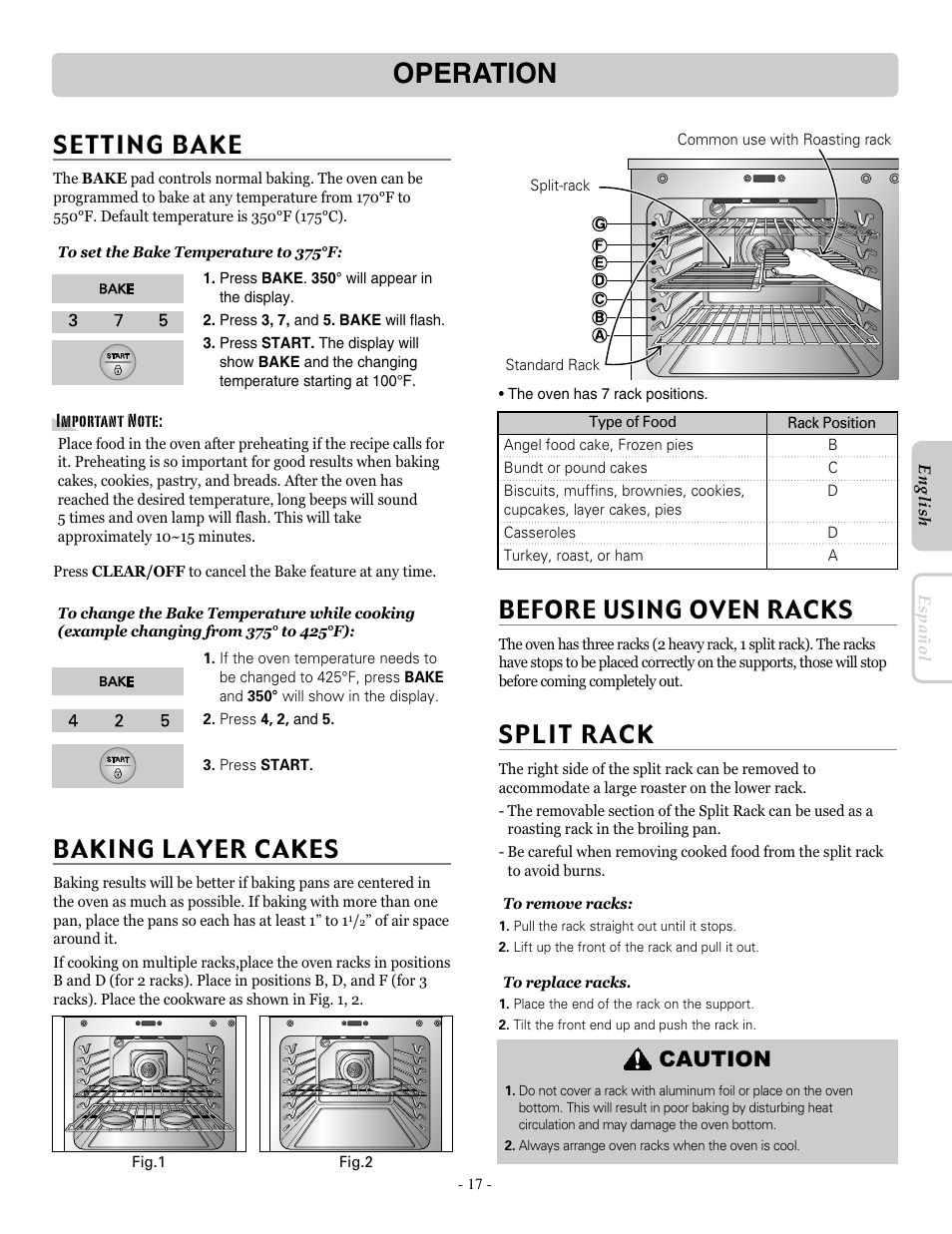 Operation, Set t in g b ake, Baking layer cakes | Before using oven racks, Caution | LG LRE30755SB User Manual | Page 17 / 36