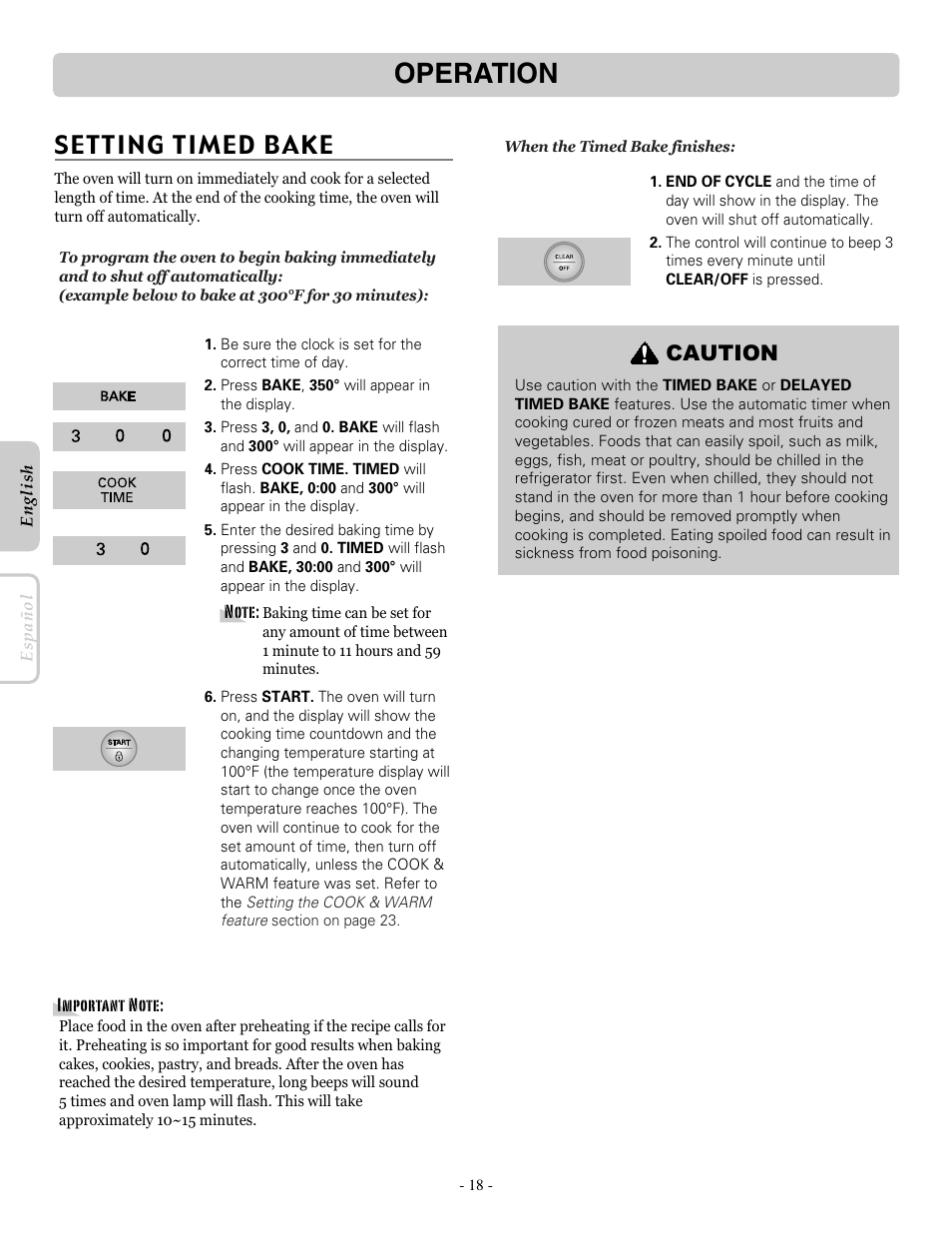 Operation, Setting timed bake, Caution | LG LRE30755SB User Manual | Page 18 / 36