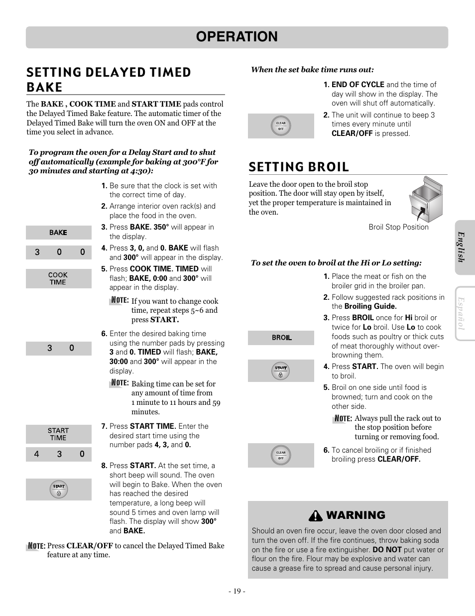 Operation, Setting broil, Warning | LG LRE30755SB User Manual | Page 19 / 36