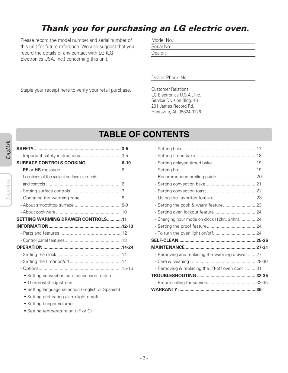 LG LRE30755SB User Manual | Page 2 / 36