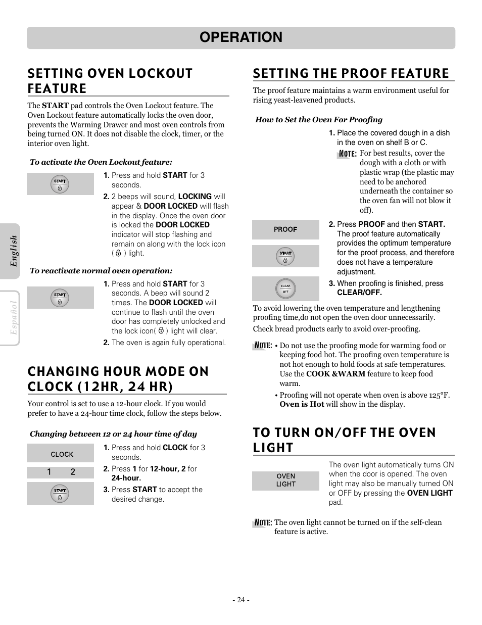 Operation, Setting the proof feature, Changing hour mode on clock (12hr, 24 hr) | LG LRE30755SB User Manual | Page 24 / 36