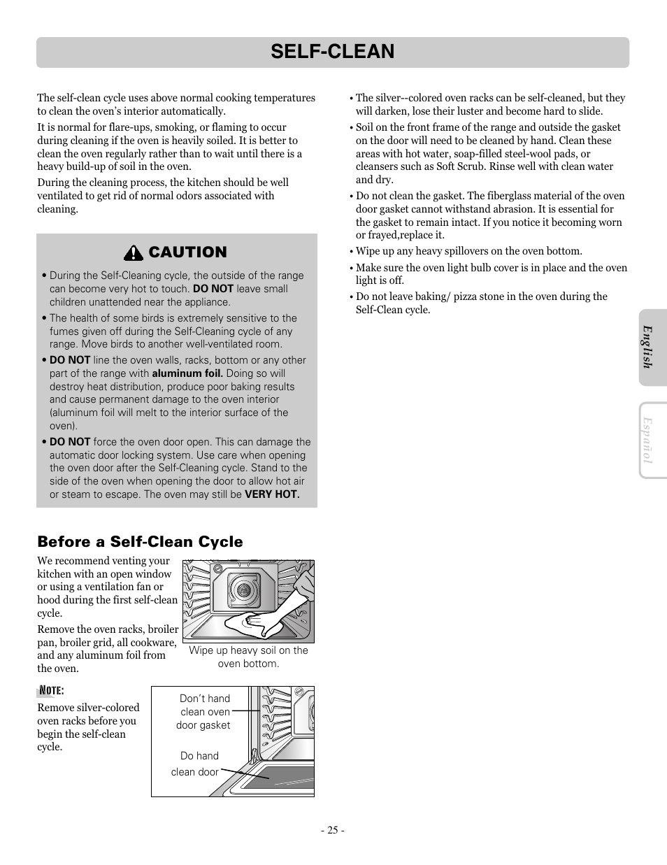 Self-clean, Before a self-clean cycle, Caution | LG LRE30755SB User Manual | Page 25 / 36