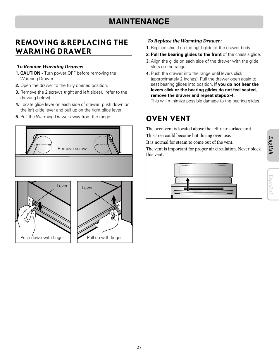 Maintenance, Removing &replacing the warming drawer | LG LRE30755SB User Manual | Page 27 / 36