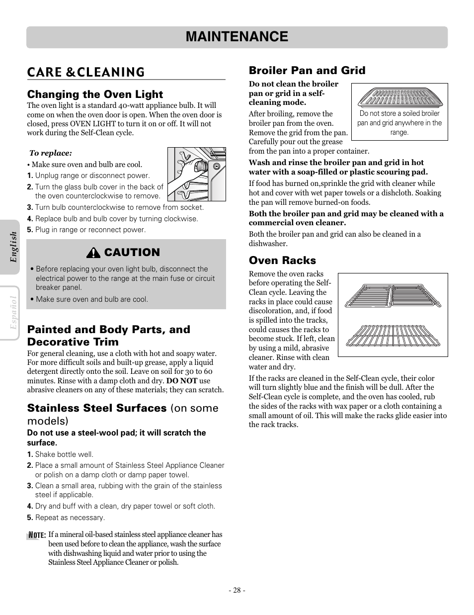 Maintenance, Care &cleaning, Changing the oven light | Painted and body parts, and decorative trim, Stainless steel surfaces (on some models), Broiler pan and grid, Oven racks, Caution | LG LRE30755SB User Manual | Page 28 / 36