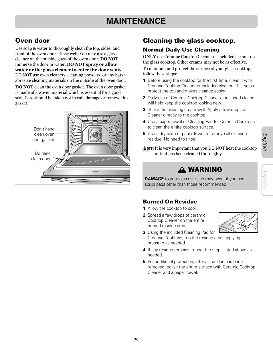 Maintenance, Oven door, Cleaning the glass cooktop | Warning | LG LRE30755SB User Manual | Page 29 / 36