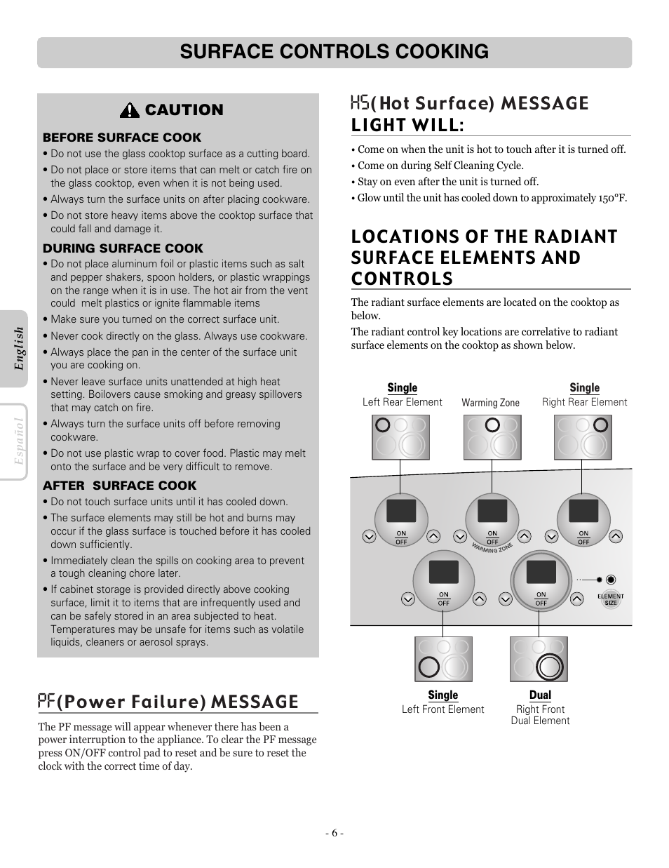 Surface controls cooking, Caution | LG LRE30755SB User Manual | Page 6 / 36