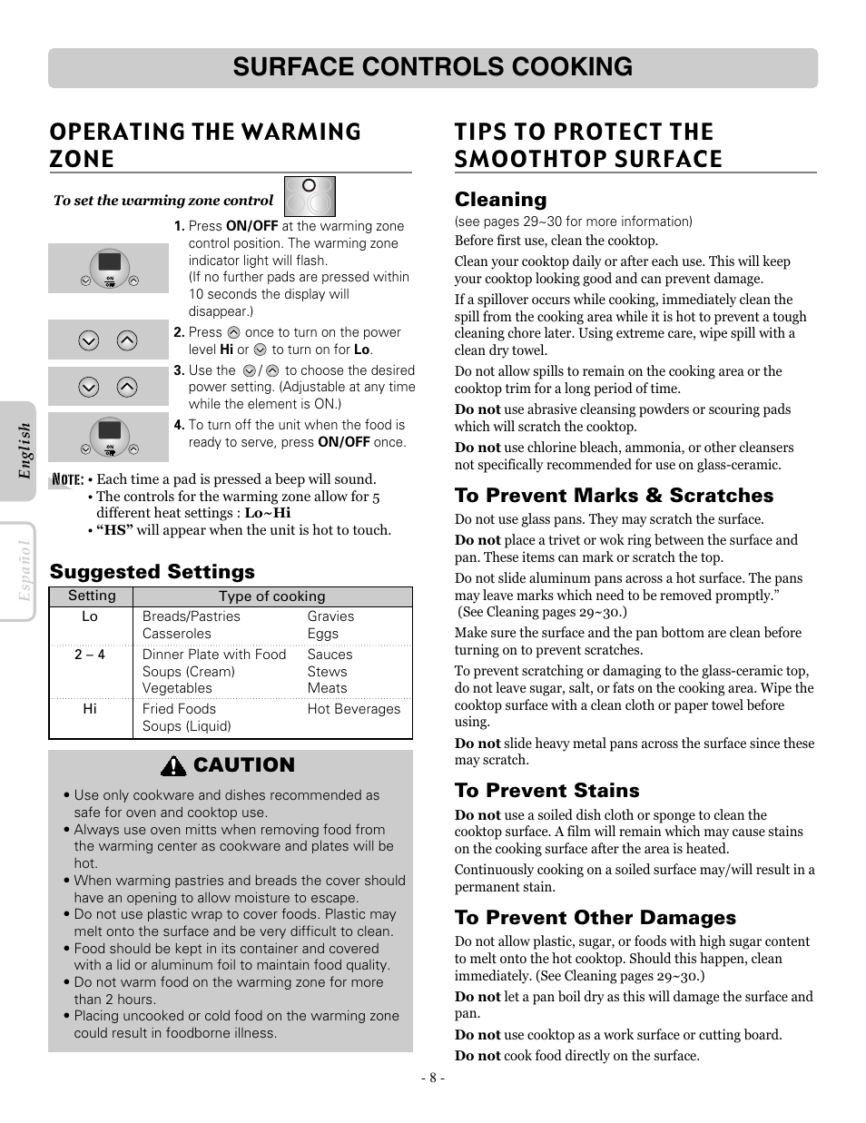 Surface controls cooking, Operating the warming zone, Tips to protect the smoothtop surface | Suggested settings, Cleaning, Caution | LG LRE30755SB User Manual | Page 8 / 36