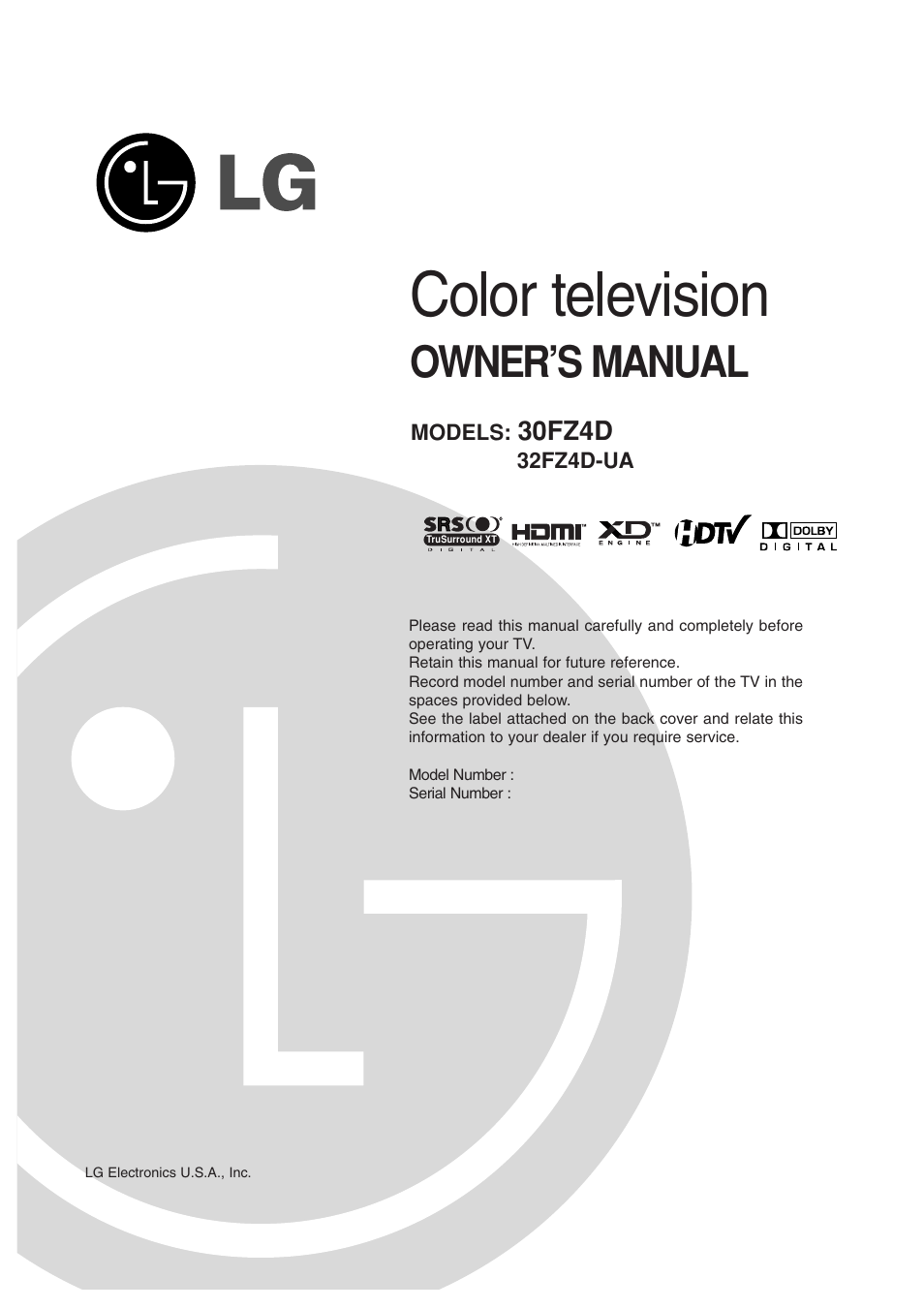LG 32FZ4D-UA User Manual | 60 pages