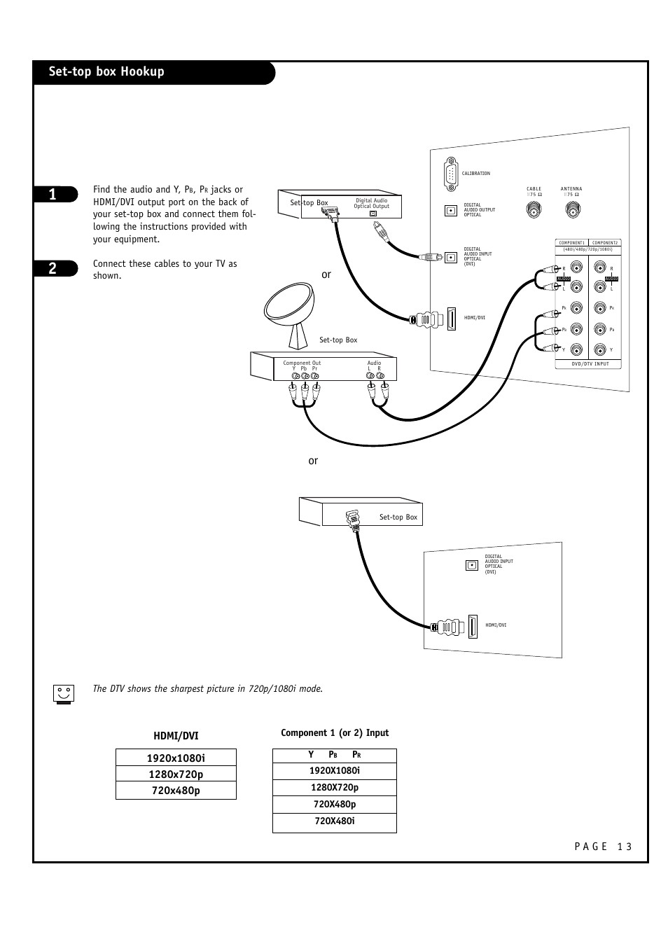 Set-top box hookup, Find the audio and y, p, Component 1 (or 2) input y p | LG 32FZ4D-UA User Manual | Page 13 / 60