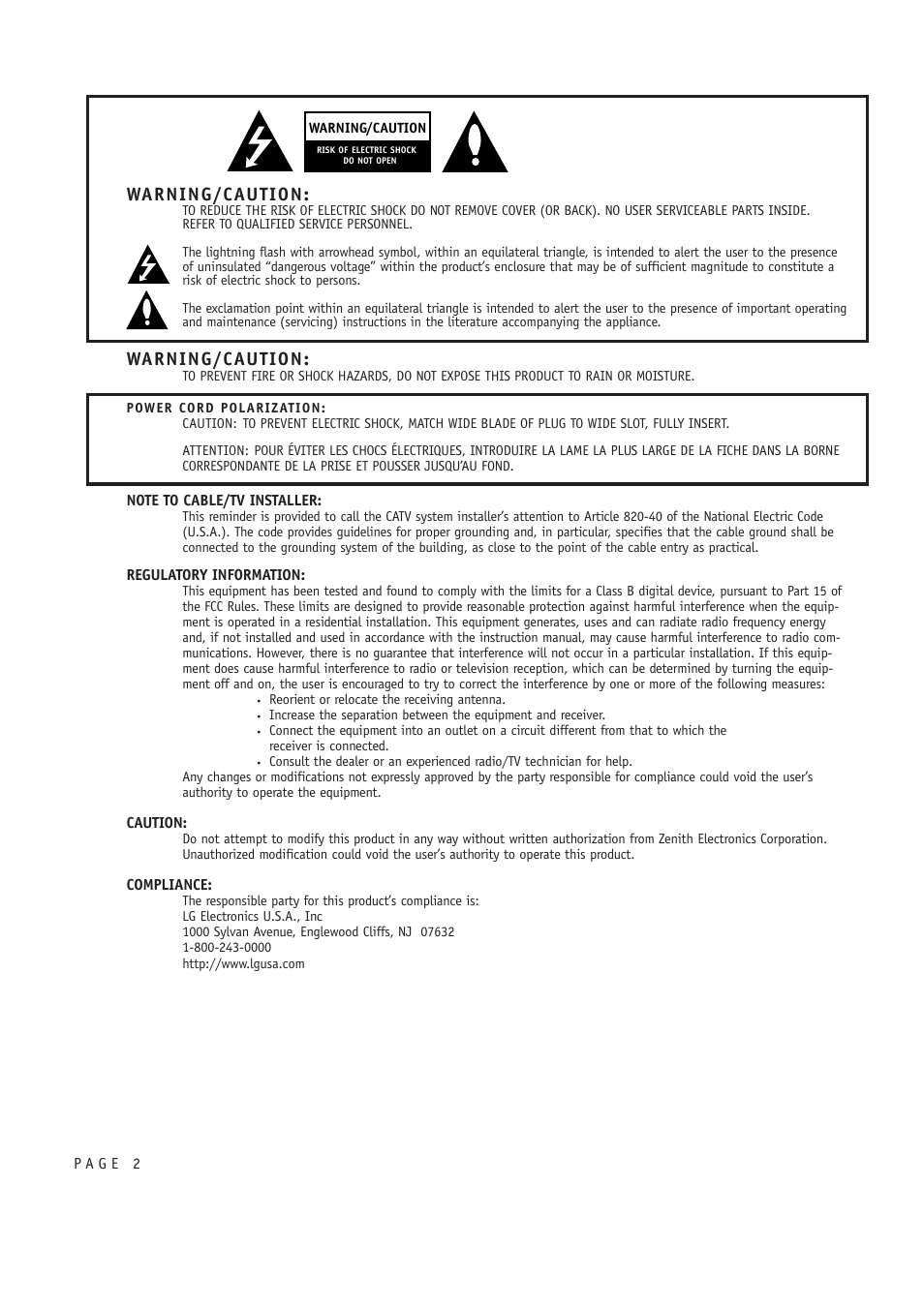 Warning/caution | LG 32FZ4D-UA User Manual | Page 2 / 60