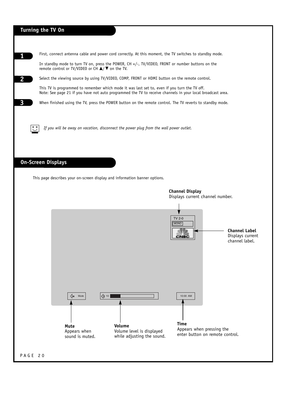 Turning the tv on on-screen displays | LG 32FZ4D-UA User Manual | Page 20 / 60