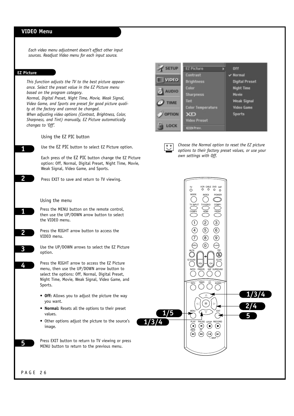 Video menu, Ez pic, Using the ez pic button | Using the menu | LG 32FZ4D-UA User Manual | Page 26 / 60