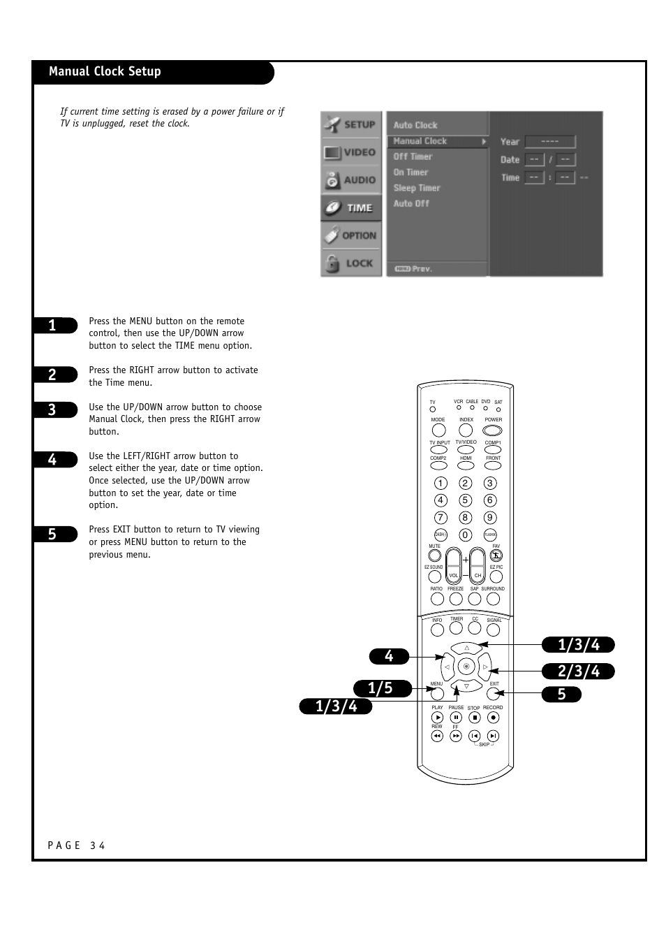 Manual clock setup | LG 32FZ4D-UA User Manual | Page 34 / 60
