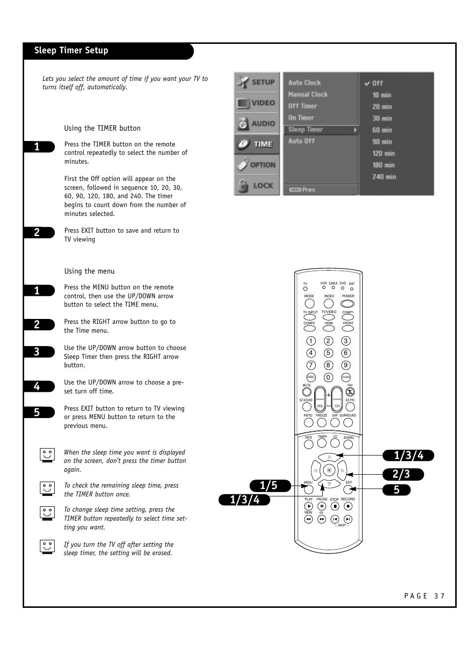 Sleep timer setup, Using the timer button using the menu | LG 32FZ4D-UA User Manual | Page 37 / 60