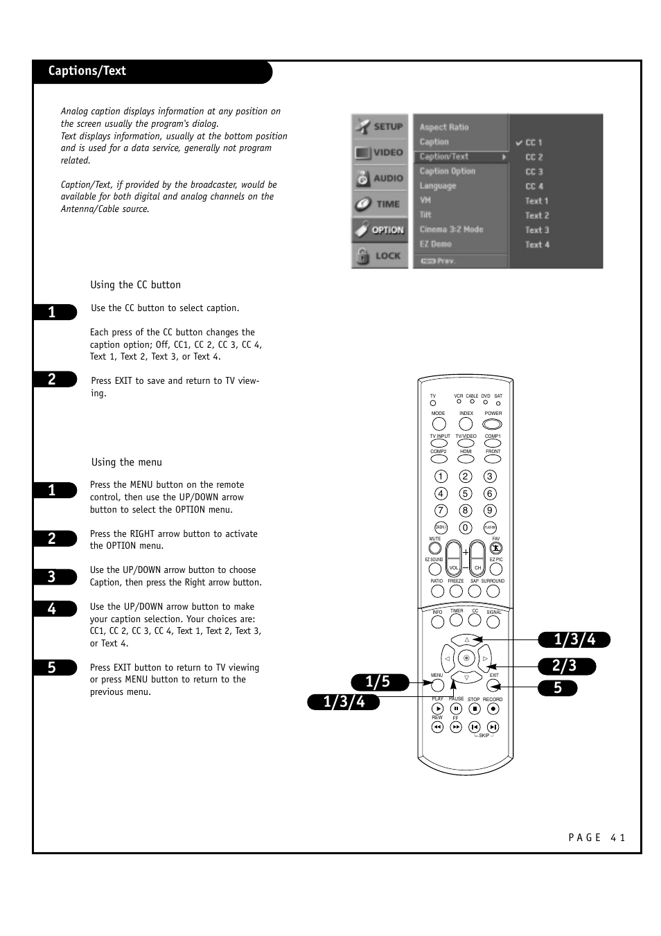 Captions/text, Using the cc button using the menu | LG 32FZ4D-UA User Manual | Page 41 / 60