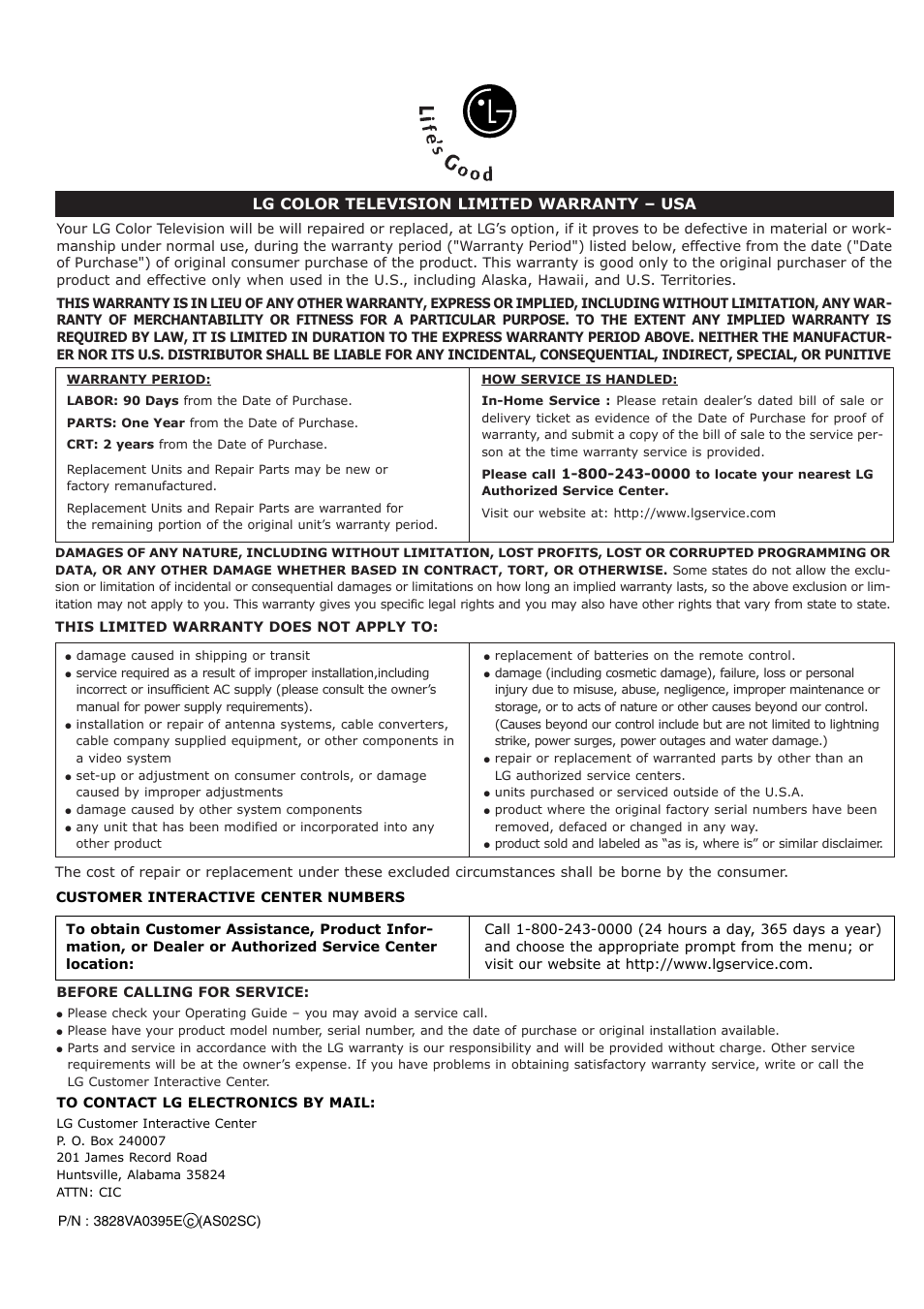 Lg color television limited warranty – usa | LG 32FZ4D-UA User Manual | Page 60 / 60