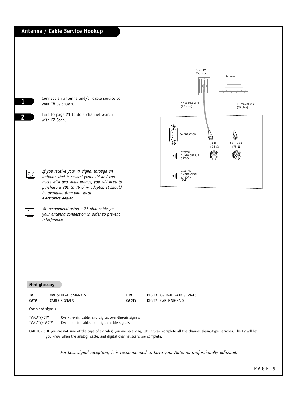 Antenna / cable service hookup | LG 32FZ4D-UA User Manual | Page 9 / 60