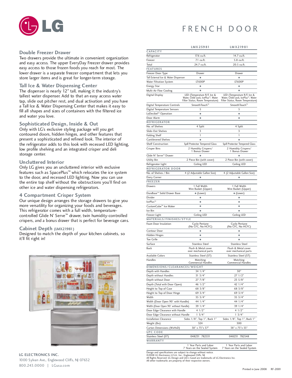 Double freezer drawer, Tall ice & water dispensing center, Sophisticated design, inside & out | Uncluttered interior, 4 compartment crisper system, Cabinet depth | LG LMX21981** User Manual | Page 2 / 2