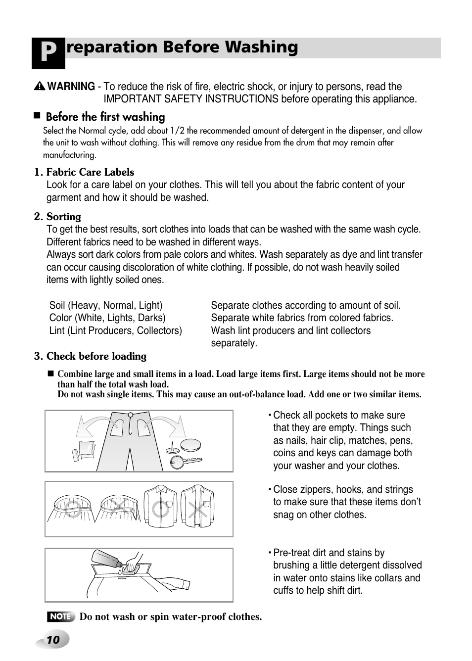Reparation before washing | LG WM3431H* User Manual | Page 10 / 24