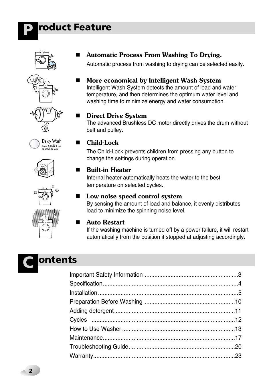 Roduct feature, Ontents | LG WM3431H* User Manual | Page 2 / 24