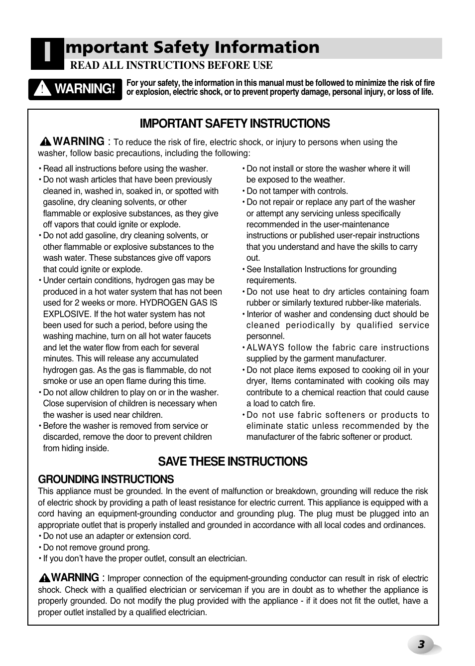 Mportant safety information, Warning, Important safety instructions | Save these instructions | LG WM3431H* User Manual | Page 3 / 24