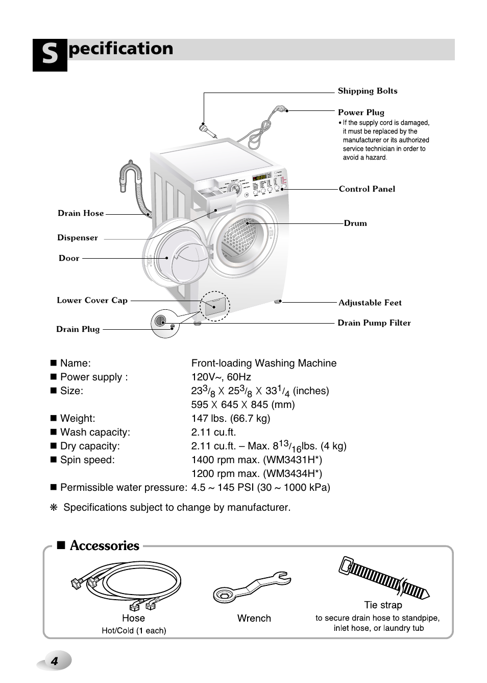 Pecification, Accessories | LG WM3431H* User Manual | Page 4 / 24