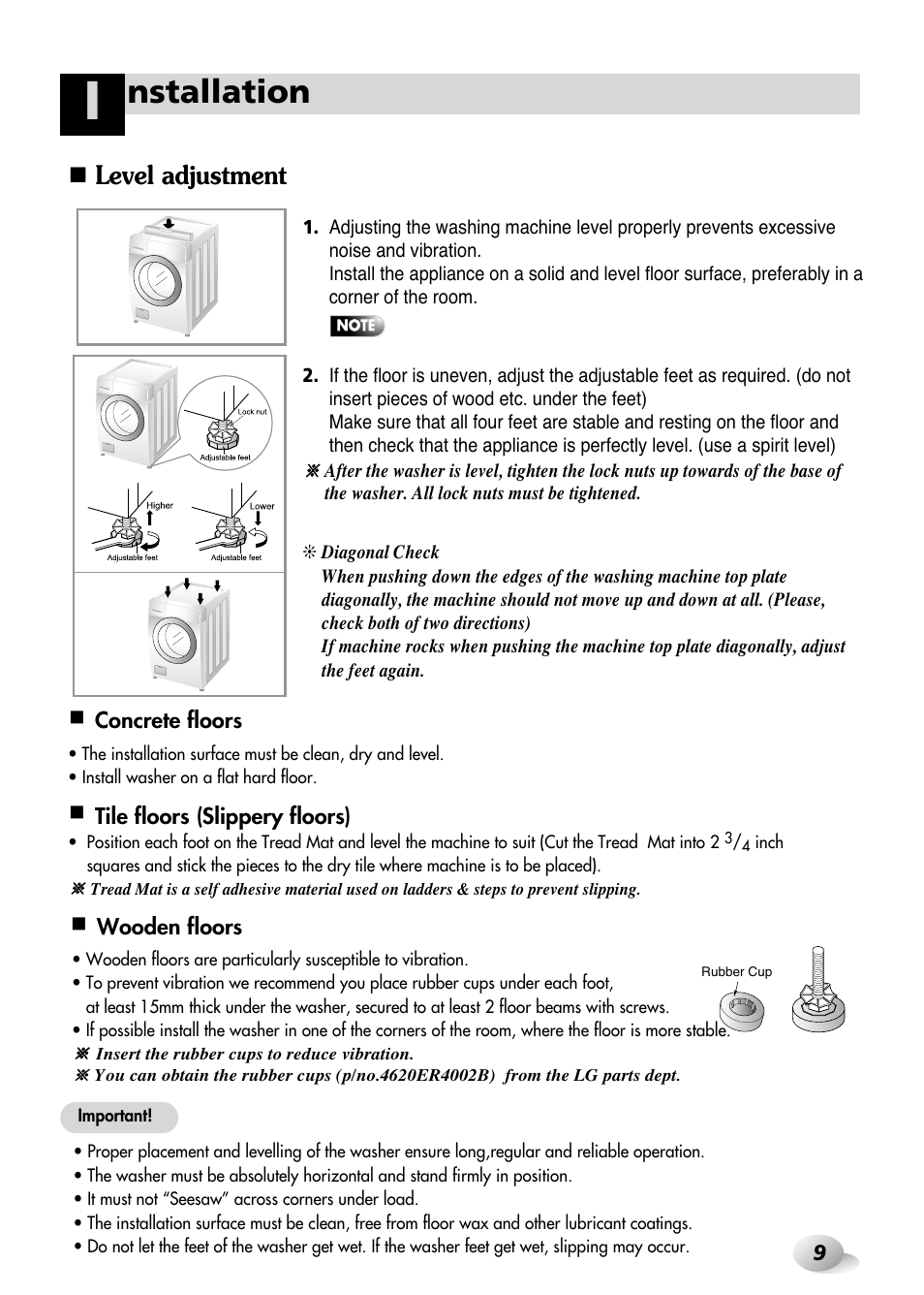 Nstallation, Level adjustment | LG WM3431H* User Manual | Page 9 / 24