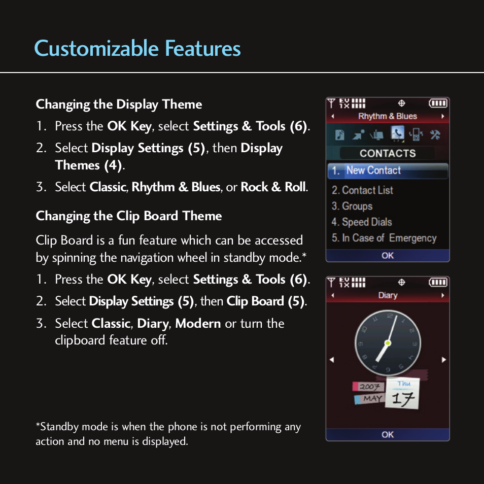 Customizable features | LG Chocolate - Blue Ice User Manual | Page 11 / 12