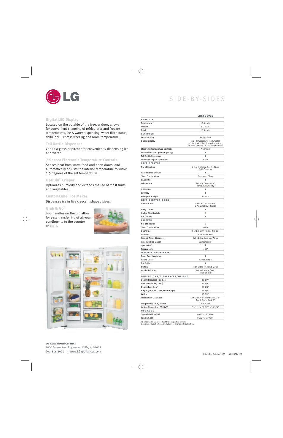 Digital led display, Tall bottle dispenser, 7 sensor electronic temperature controls | Optibin, Crisper, Customcube, Ice maker, Grab & go | LG LRSC26920 User Manual | Page 2 / 2