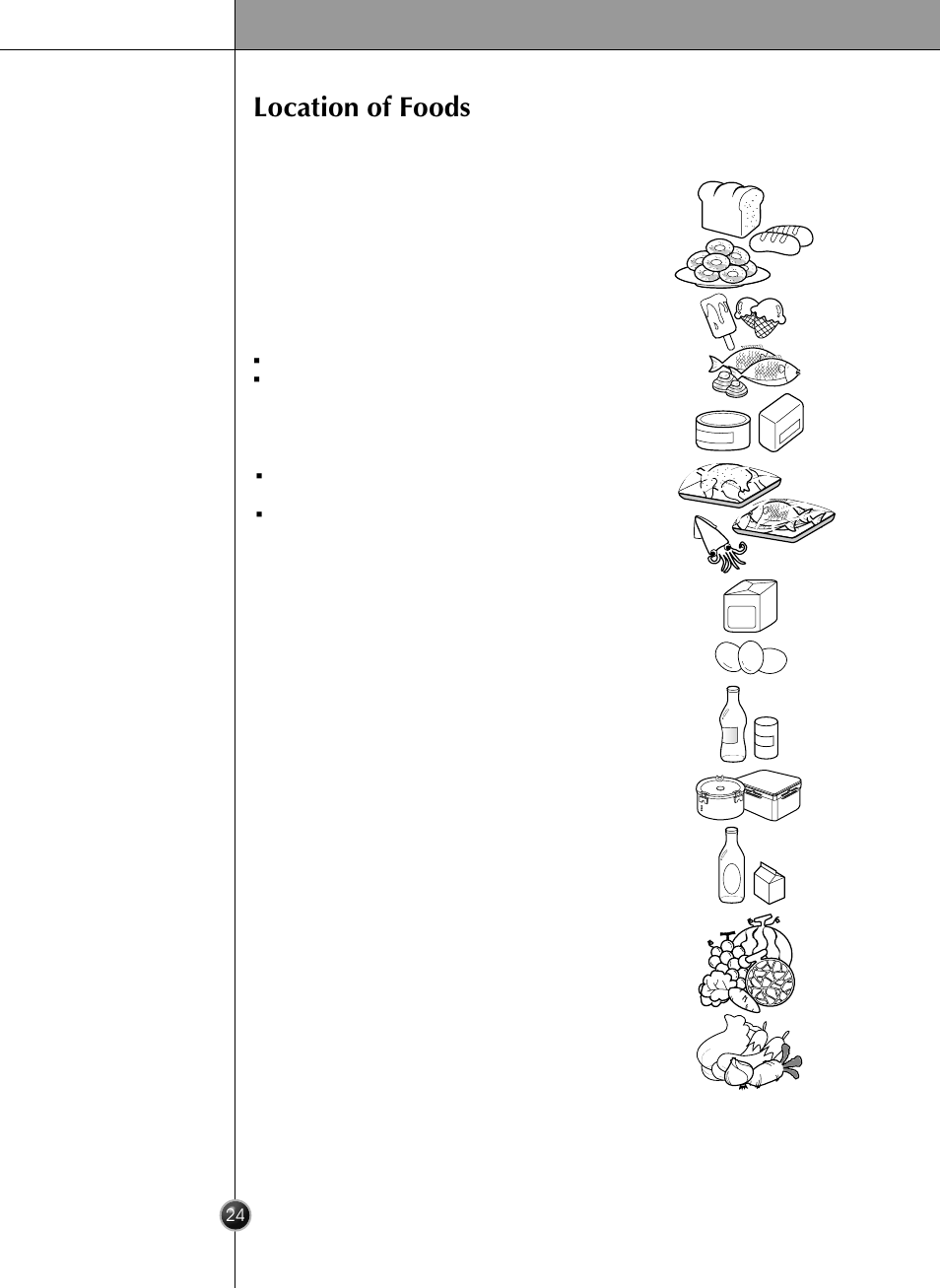 Location of foods, Suggestion on food storage | LG LRSC26925SW User Manual | Page 24 / 36