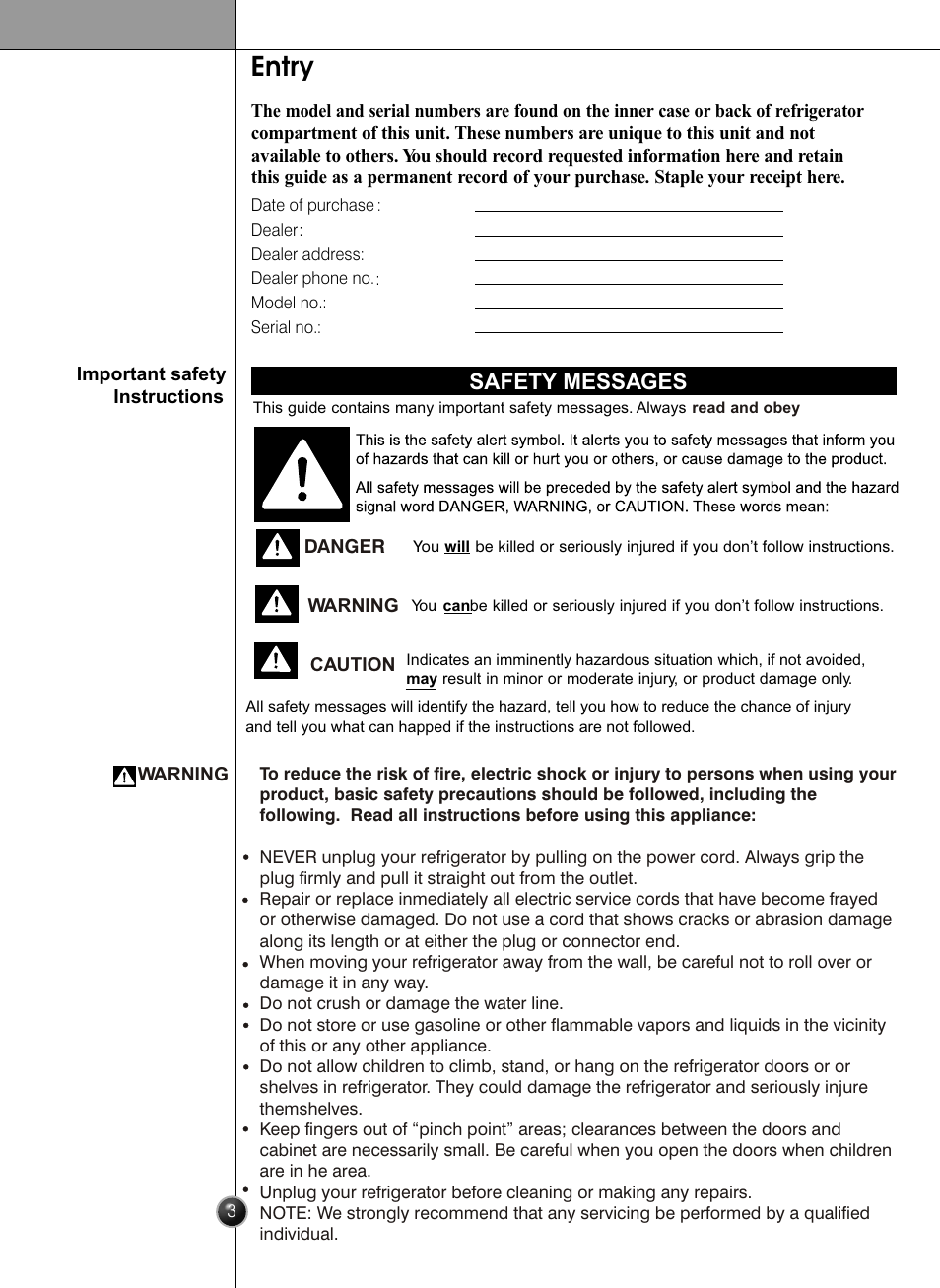 Entry, Introduction, Safety messages | LG LRSC26925SW User Manual | Page 3 / 36