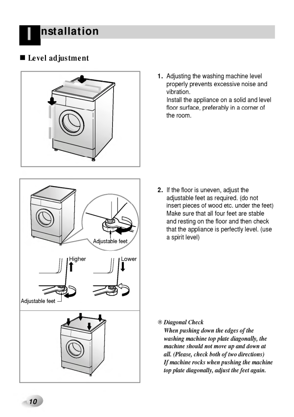 Nstallation, Level adjustment | LG WD-65130F User Manual | Page 10 / 28