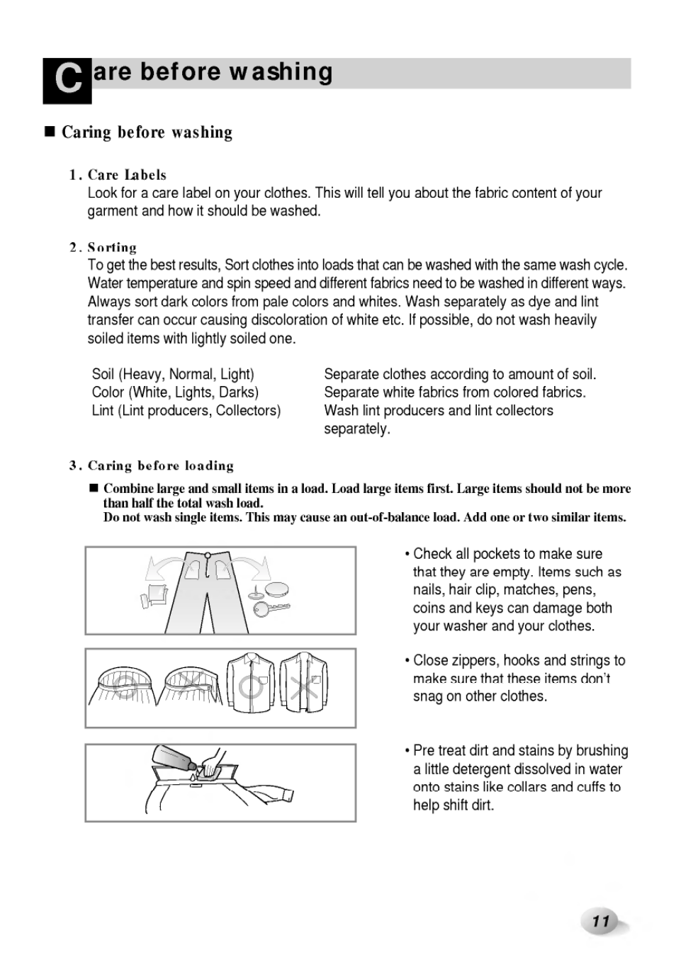 Are before washing, Caring before washing, Care before washing | LG WD-65130F User Manual | Page 11 / 28
