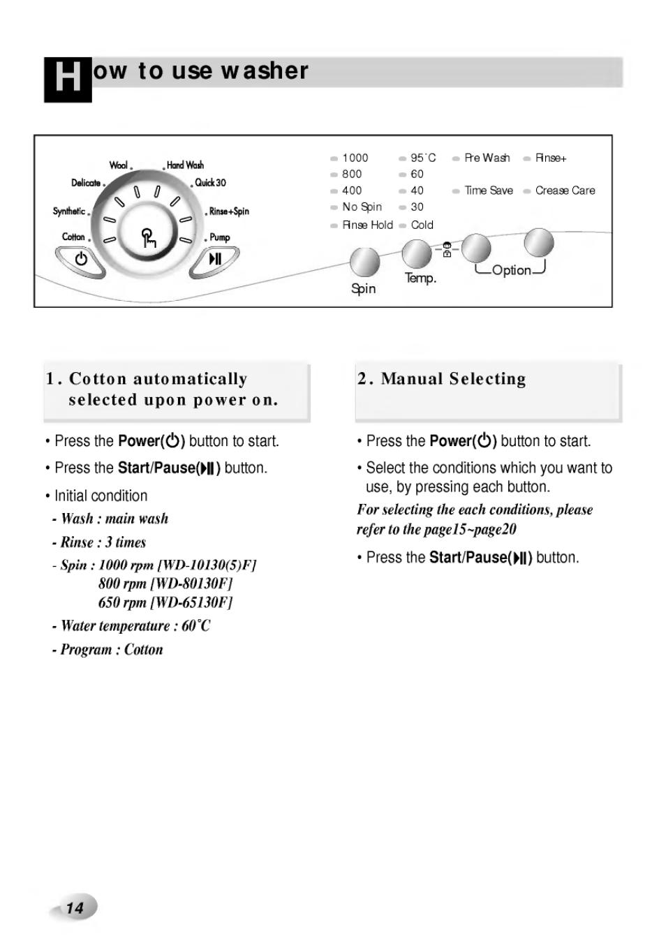 Ow to use washer, 1* cotton automatically selected upon power on, Manual selecting | Power«!)) | LG WD-65130F User Manual | Page 14 / 28