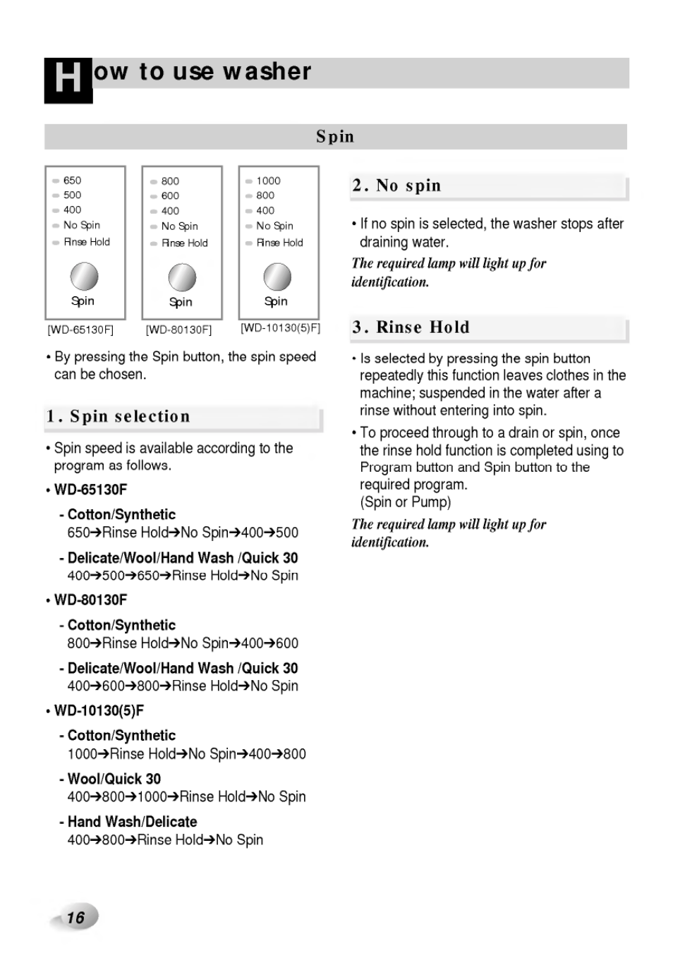 Delicate/wool/hand wash /quick 30, Ow to use washer, Qo q | Spin, Spin selection, No spin, Rin$e hold | LG WD-65130F User Manual | Page 16 / 28