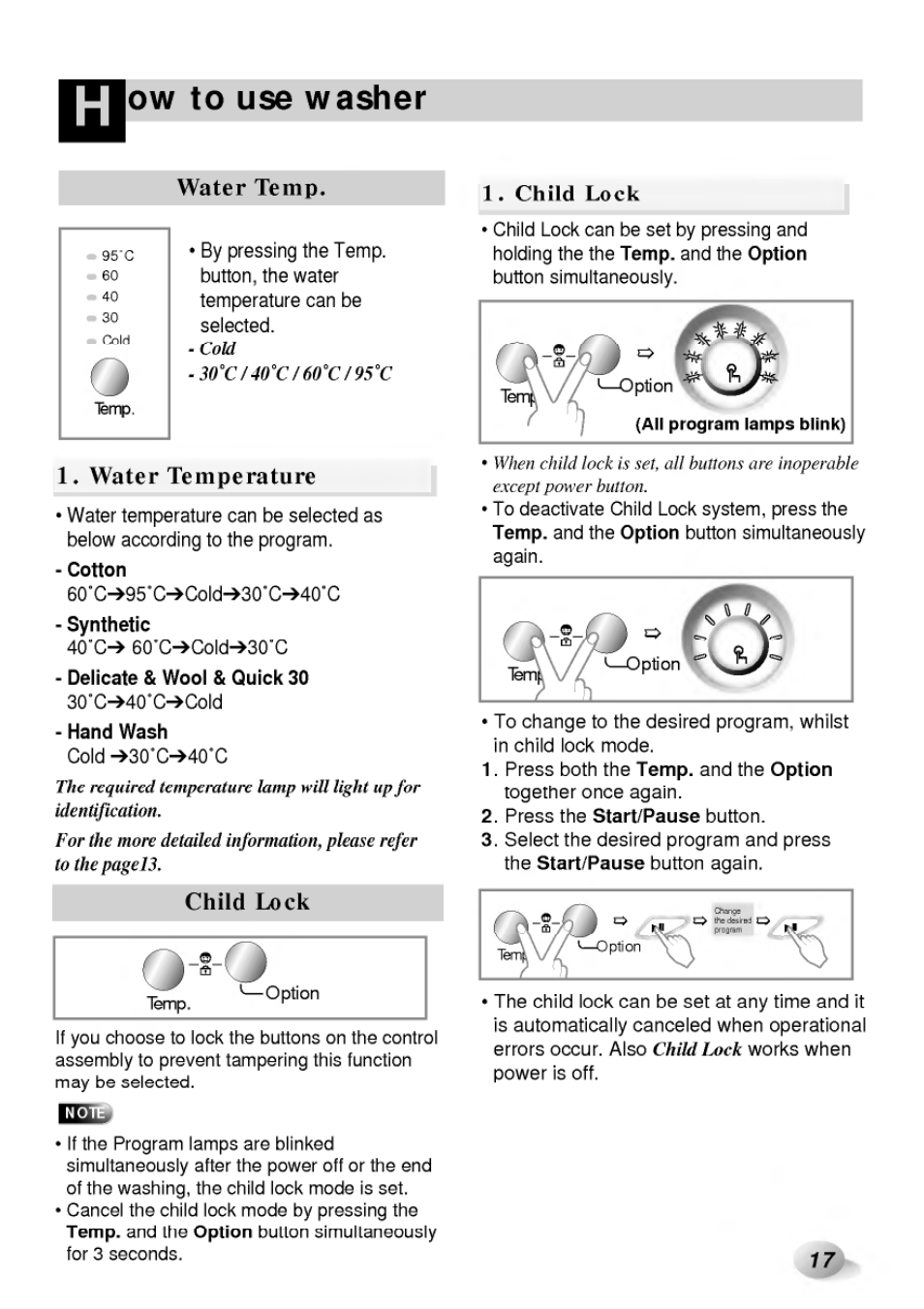 Water temp, 1* water temperature, Cotton | Synthetic, Delicate & wool & quick 30, Hand wash, Child lock, Ow to use washer | LG WD-65130F User Manual | Page 17 / 28