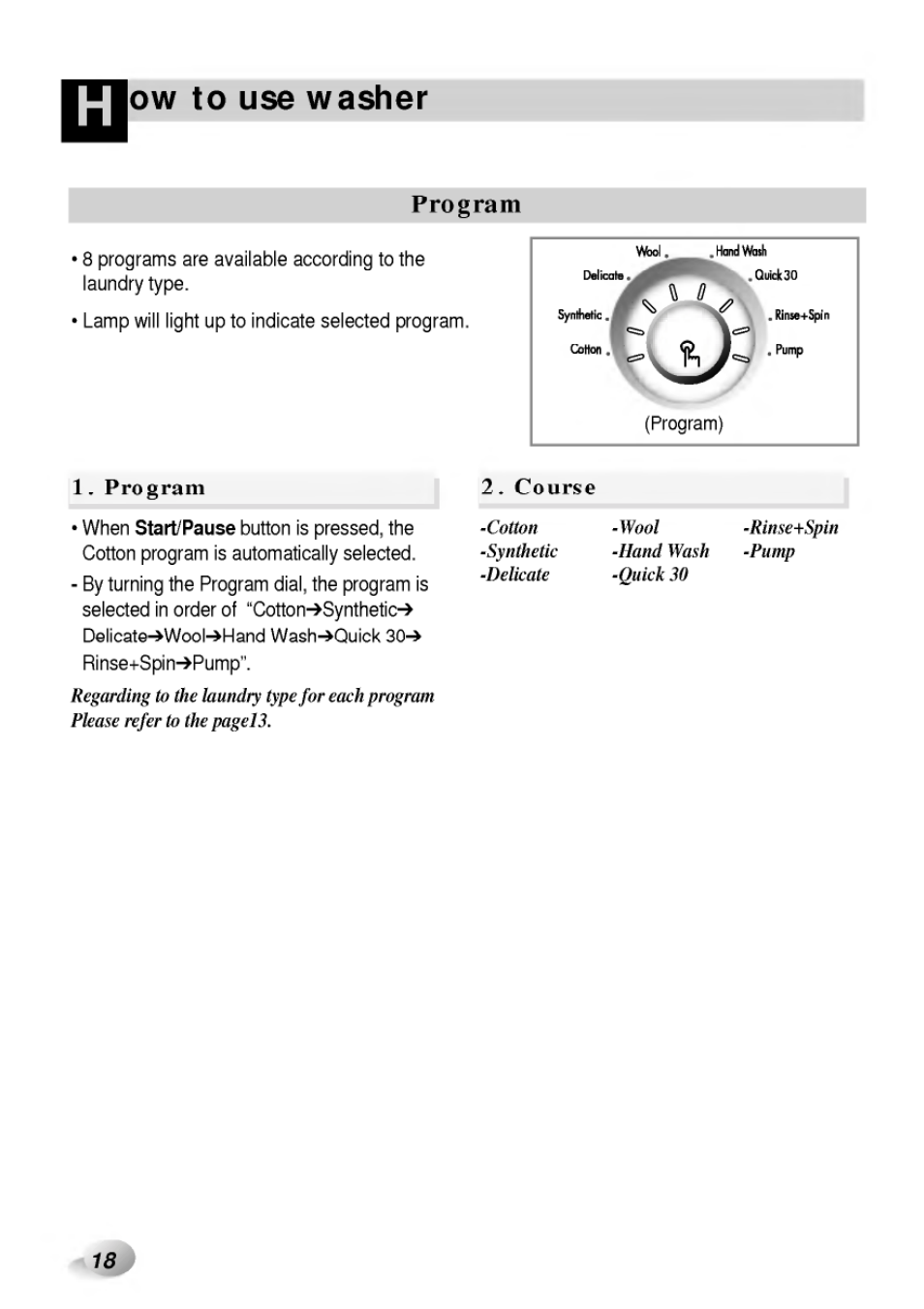 Program, Ow to use washer, Course | LG WD-65130F User Manual | Page 18 / 28