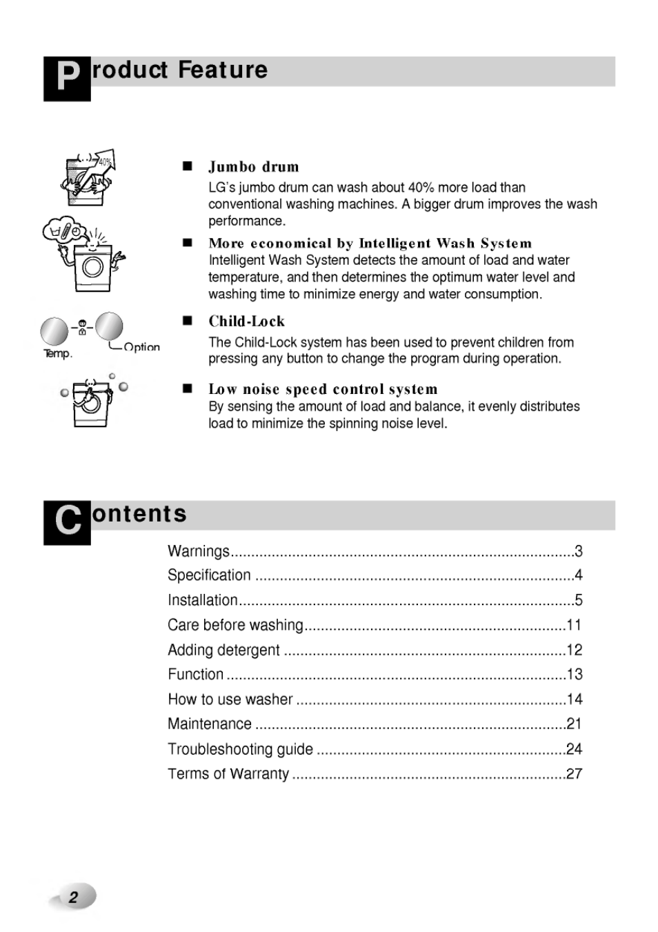 Roduct feature, Ontents, Q-t-q | Jumbo drum, More economical by intelligent wash system, Low noise speed control system | LG WD-65130F User Manual | Page 2 / 28