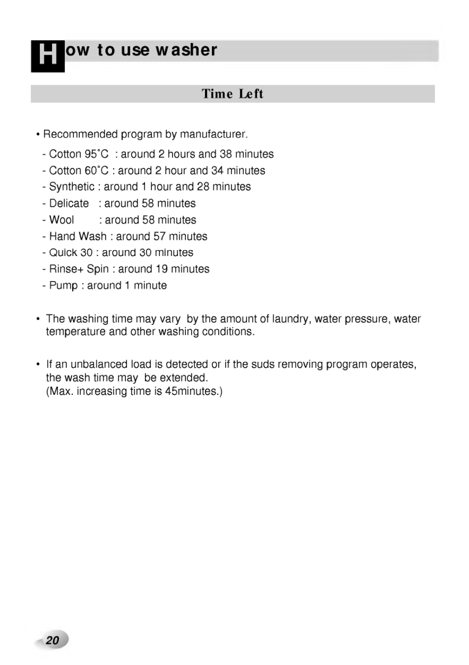 Time left, Ow to use washer | LG WD-65130F User Manual | Page 20 / 28