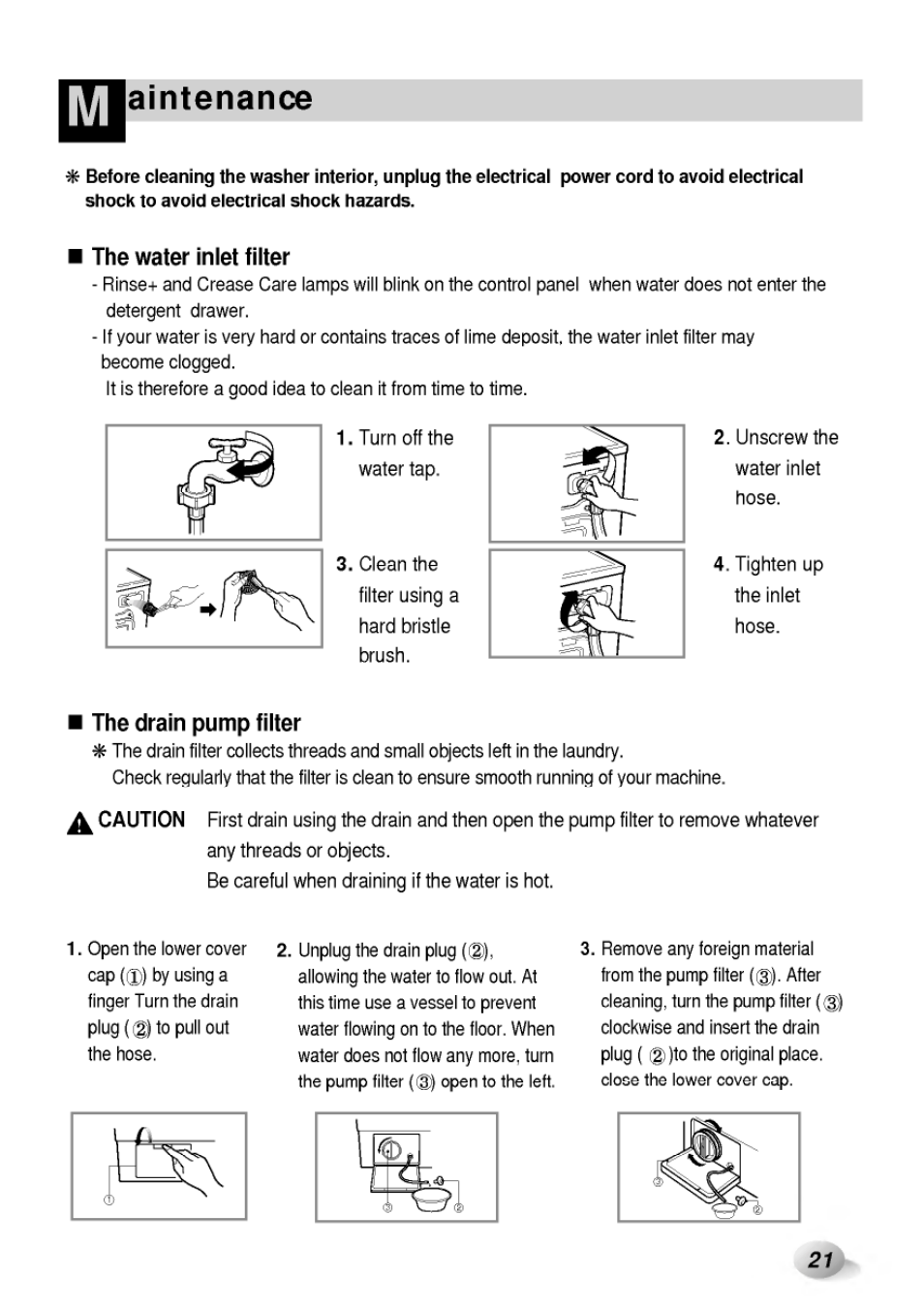 The water inlet filter, The drain pump fiiter, Aintenance | LG WD-65130F User Manual | Page 21 / 28