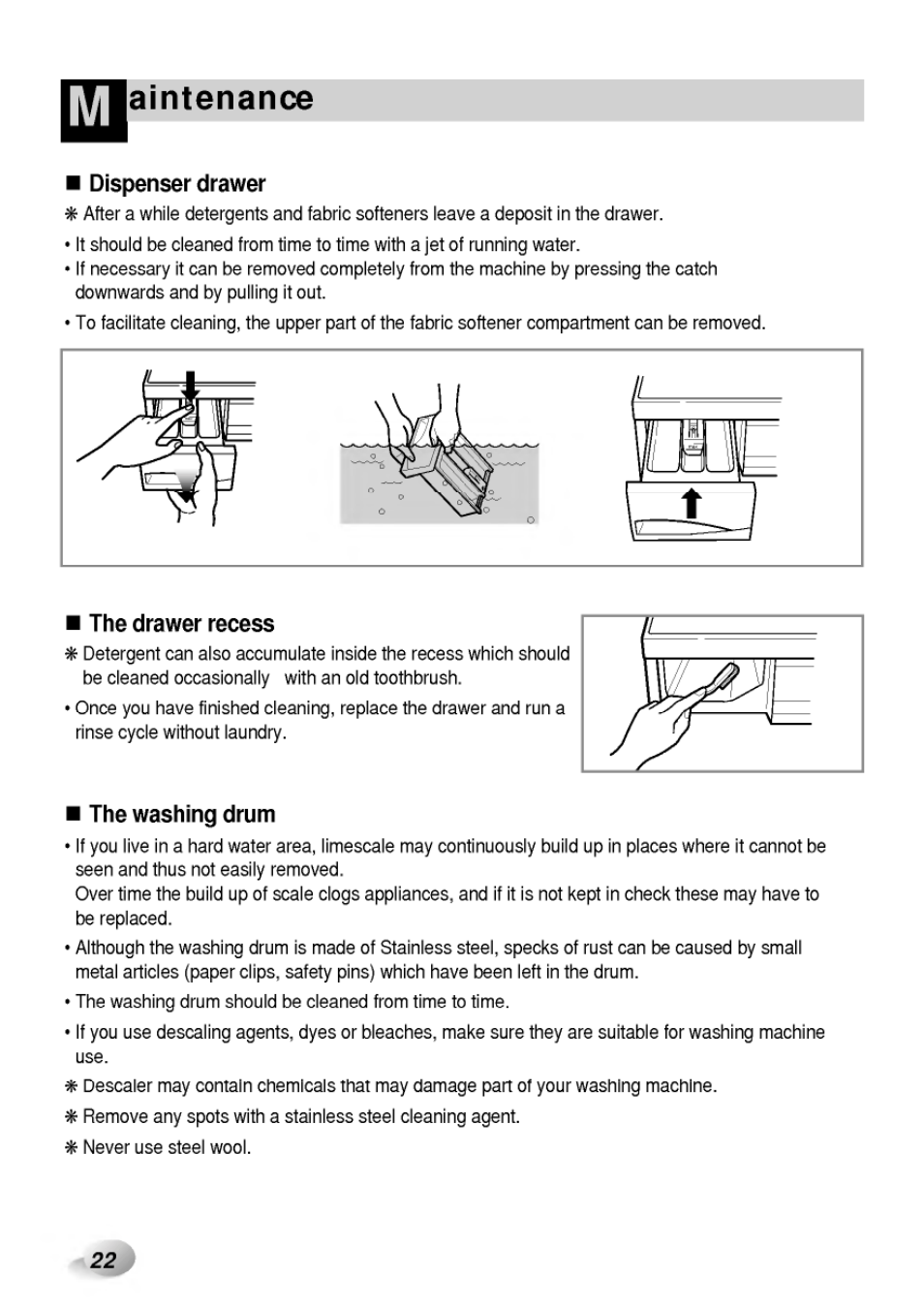 Dispenser drawer, The drawer recess, The washing drum | Aintenanoe | LG WD-65130F User Manual | Page 22 / 28