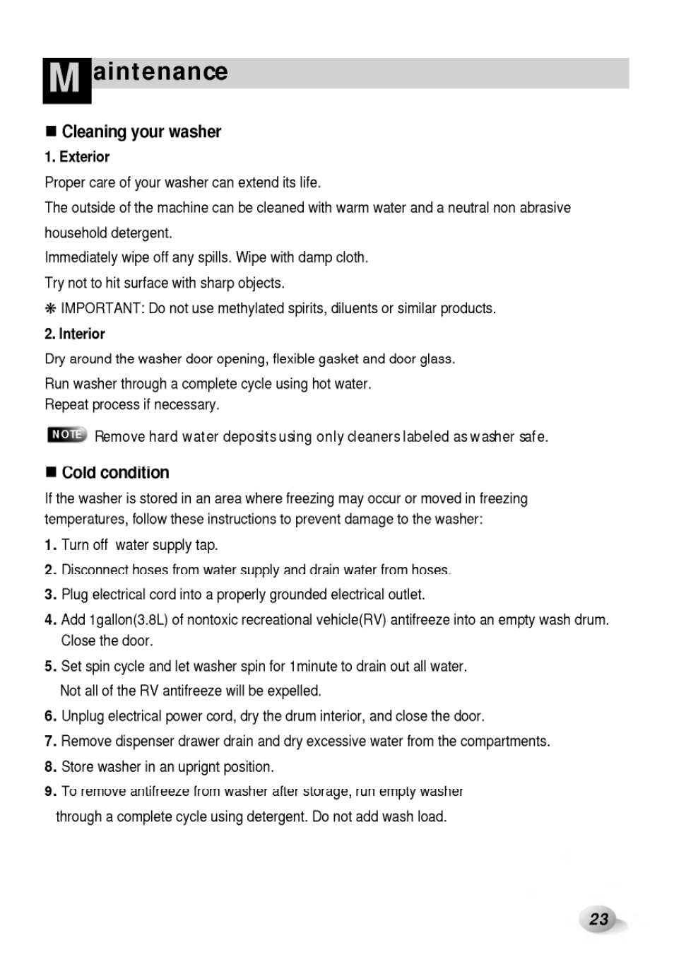 Cleaning your washer, Exterior, Interior | Cold condition, Aintenance | LG WD-65130F User Manual | Page 23 / 28