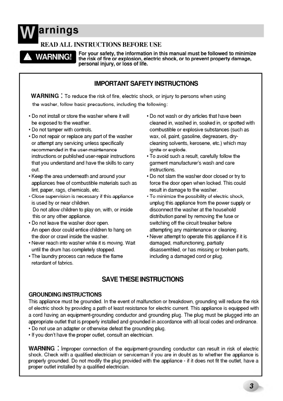 Arnings, Read all instructions before use, Warning | Warnings | LG WD-65130F User Manual | Page 3 / 28