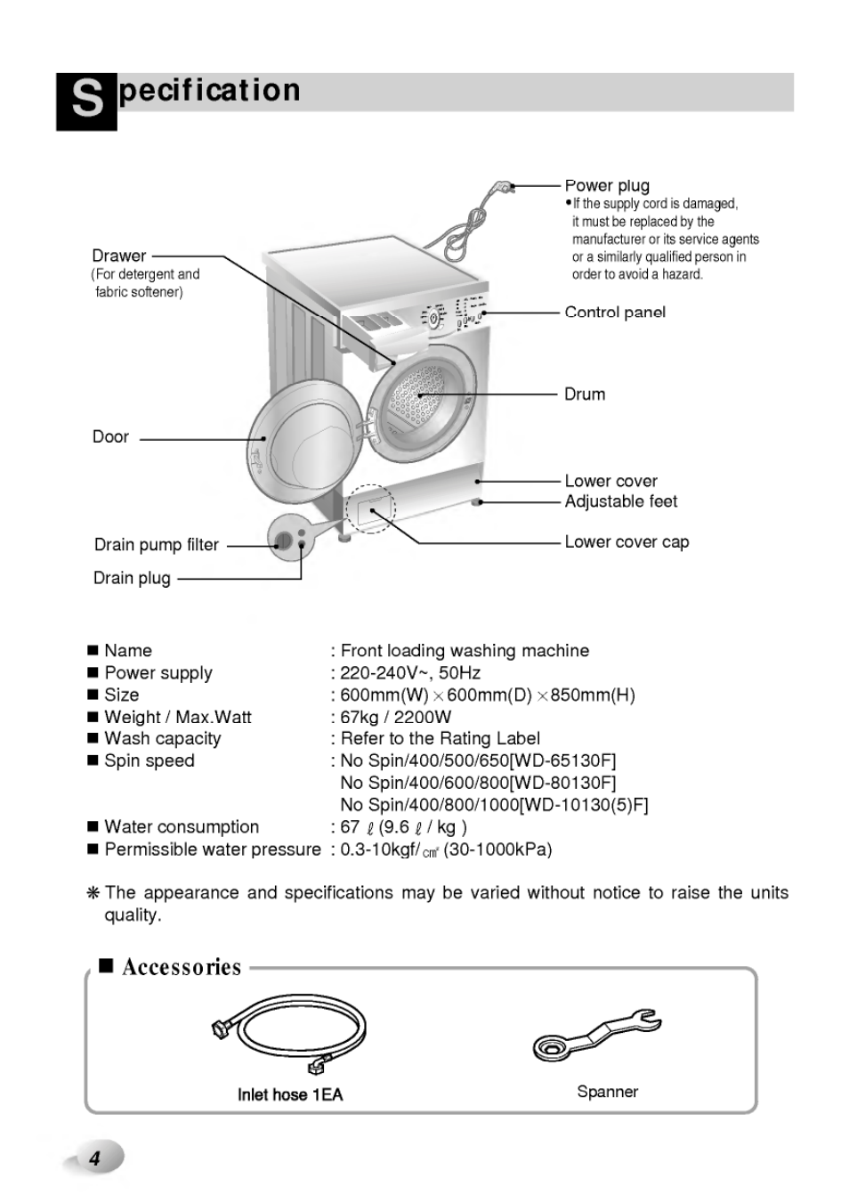 Pecification | LG WD-65130F User Manual | Page 4 / 28