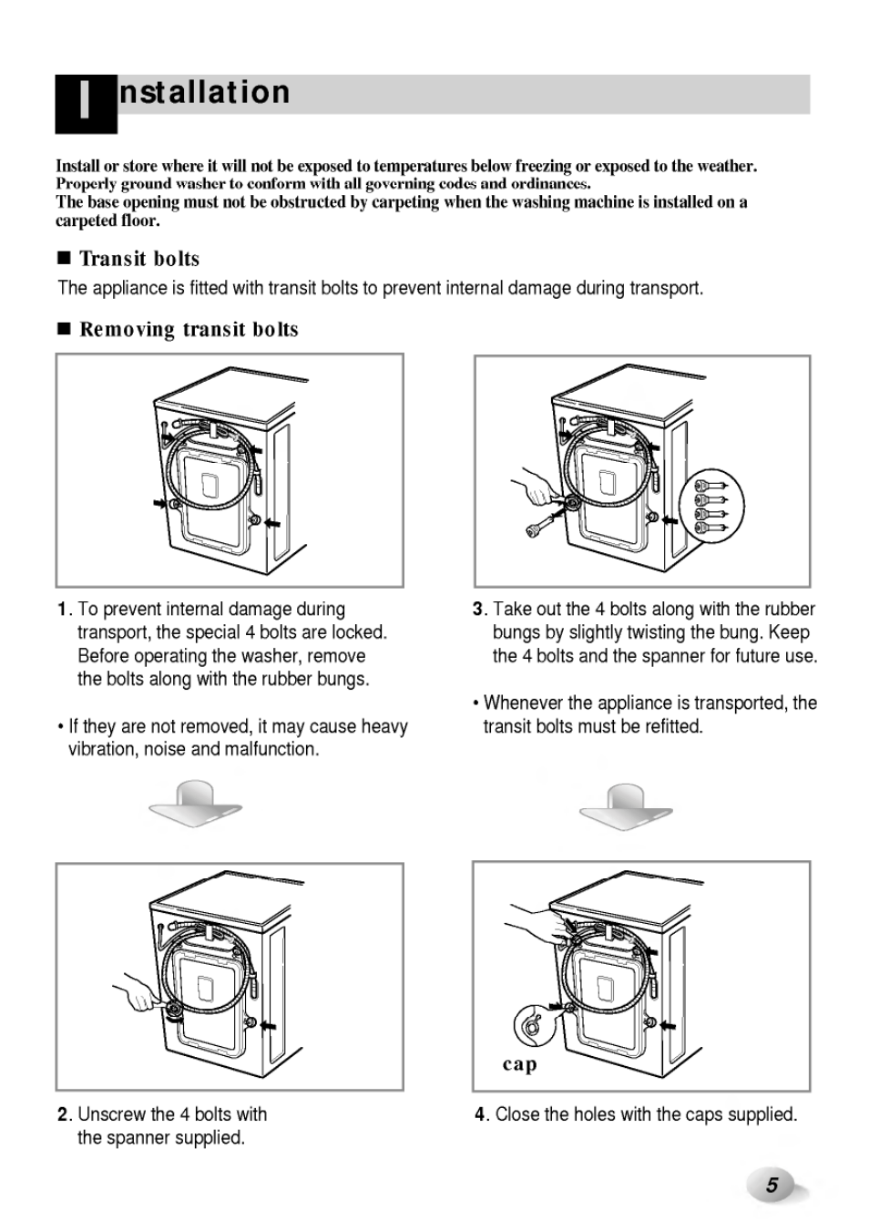 Transit bolts, Removing transit bolts, Nstallation | LG WD-65130F User Manual | Page 5 / 28
